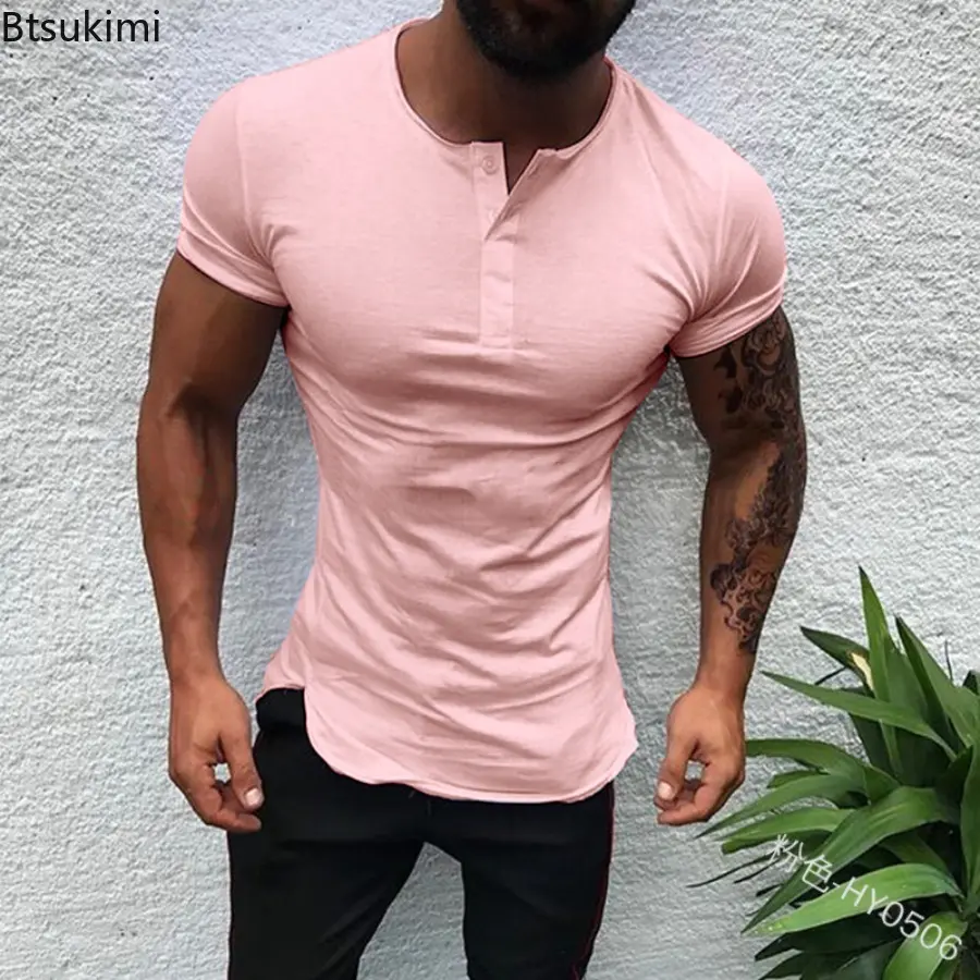 2025 Men's Summer Casual Short Sleeved Shirt Round Neck Solid Color Basic Thin Style Top for Men Button Slim Fit T-shirt Male