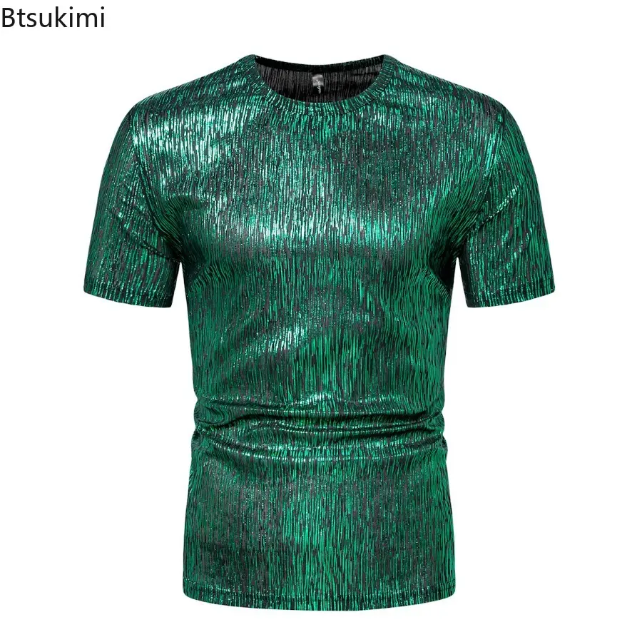 2025Men's Summer Shiny Short Sleeve T-shirts Trend Retro Casual O-neck Pullover Men Streetwear Disco Nightclub Party Tops Shirts