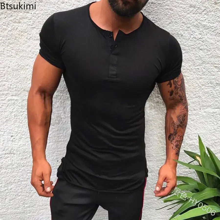 2025 Men's Summer Casual Short Sleeved Shirt Round Neck Solid Color Basic Thin Style Top for Men Button Slim Fit T-shirt Male