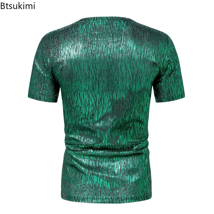 2025Men's Summer Shiny Short Sleeve T-shirts Trend Retro Casual O-neck Pullover Men Streetwear Disco Nightclub Party Tops Shirts