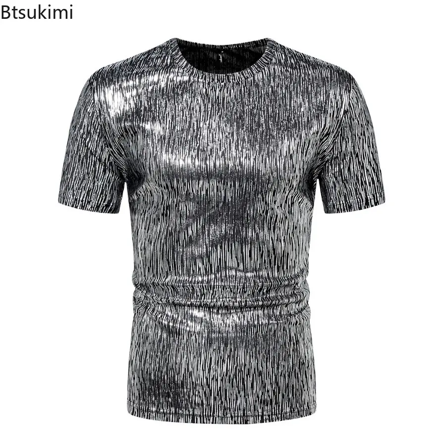 2025Men's Summer Shiny Short Sleeve T-shirts Trend Retro Casual O-neck Pullover Men Streetwear Disco Nightclub Party Tops Shirts