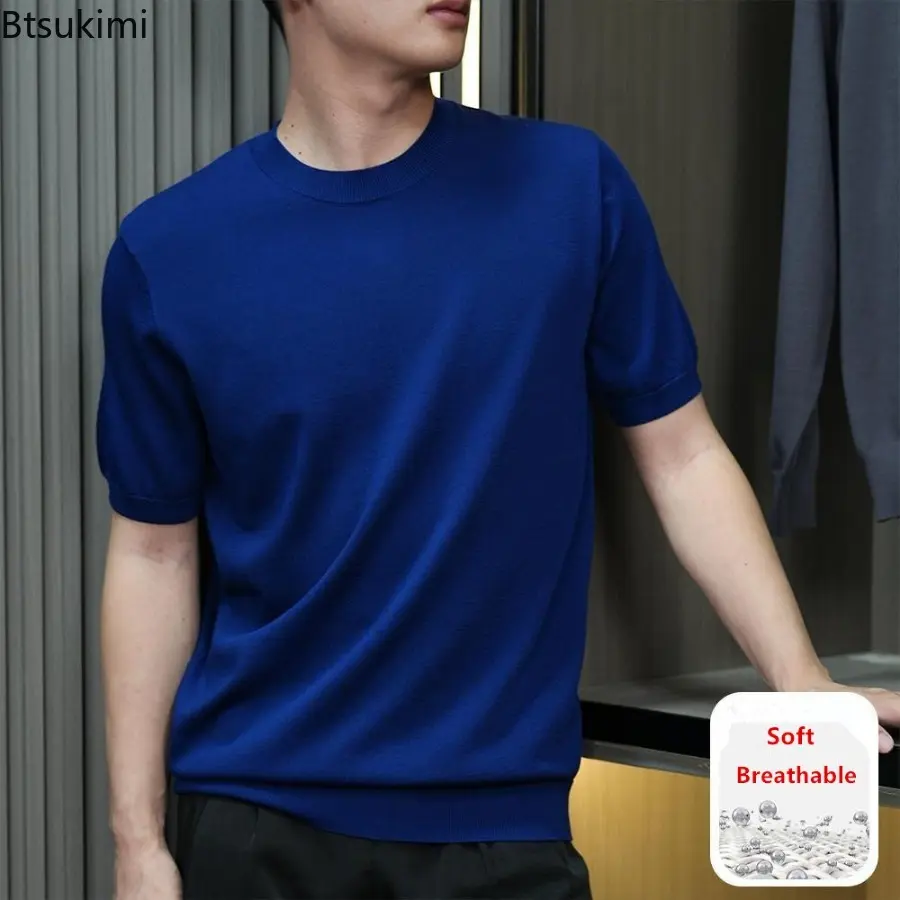 New Summer Casual Short Sleeved Thin Sweaters for Men Fashion Solid Slim Knitted T-shirts Soft Breathable O-neck Knit Tops Male