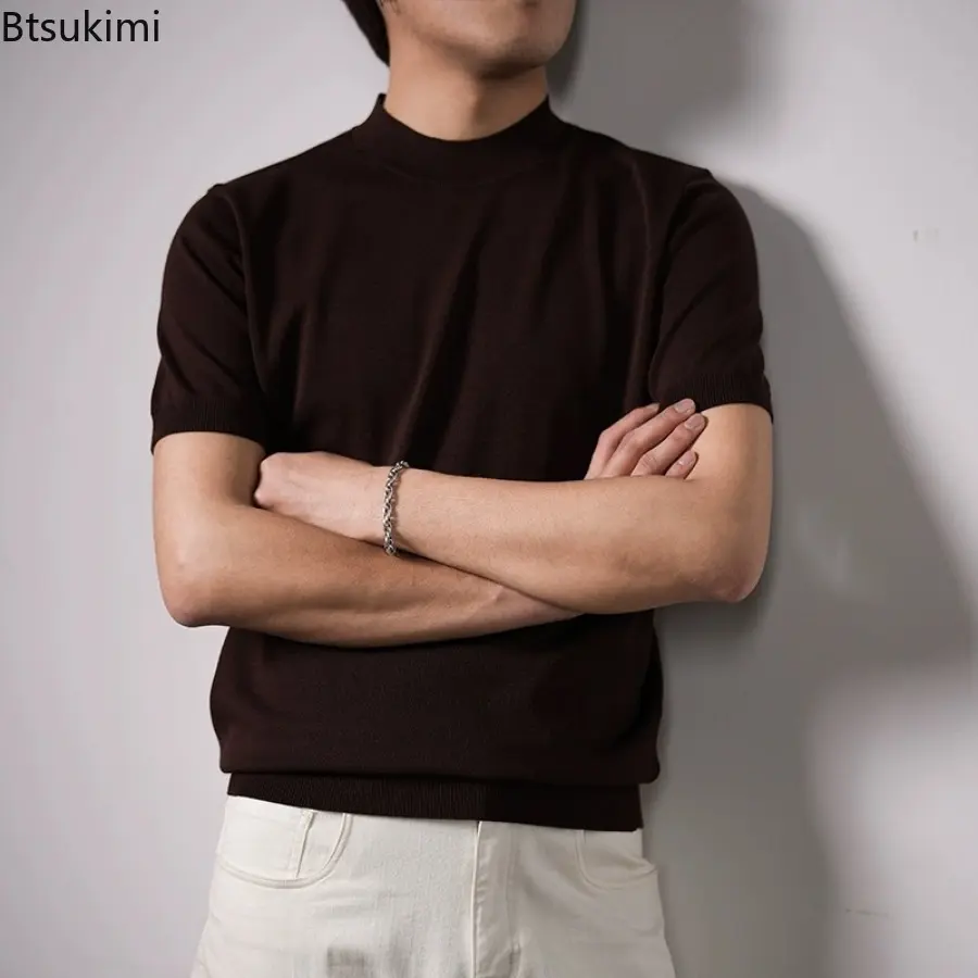 New Summer Casual Short Sleeved Thin Sweaters for Men Fashion Solid Slim Knitted T-shirts Soft Breathable O-neck Knit Tops Male