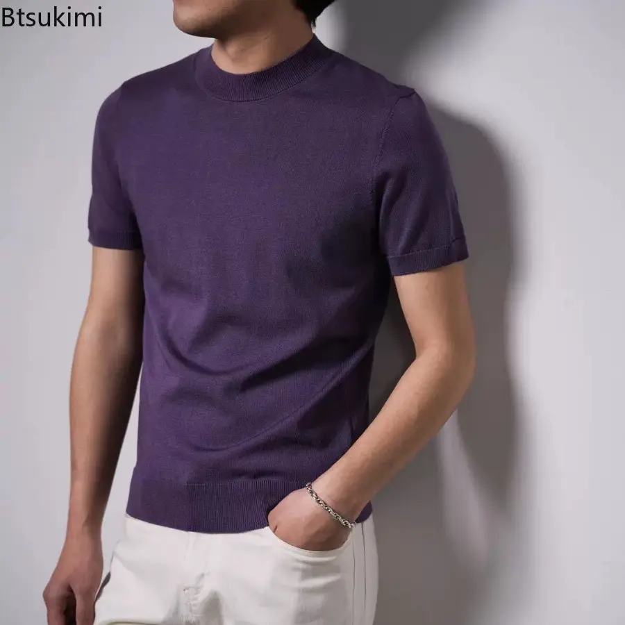 New Summer Casual Short Sleeved Thin Sweaters for Men Fashion Solid Slim Knitted T-shirts Soft Breathable O-neck Knit Tops Male