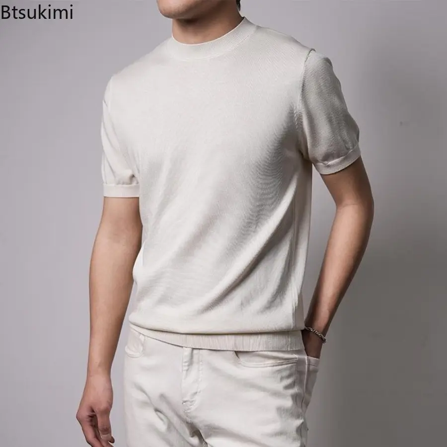 New Summer Casual Short Sleeved Thin Sweaters for Men Fashion Solid Slim Knitted T-shirts Soft Breathable O-neck Knit Tops Male