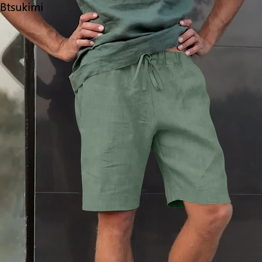 Plus Size Multi-color Beach Shorts Men's Simple Comfy Cotton Linen Drawstring Casual Short Pants Summer Fashion Versatile Shorts