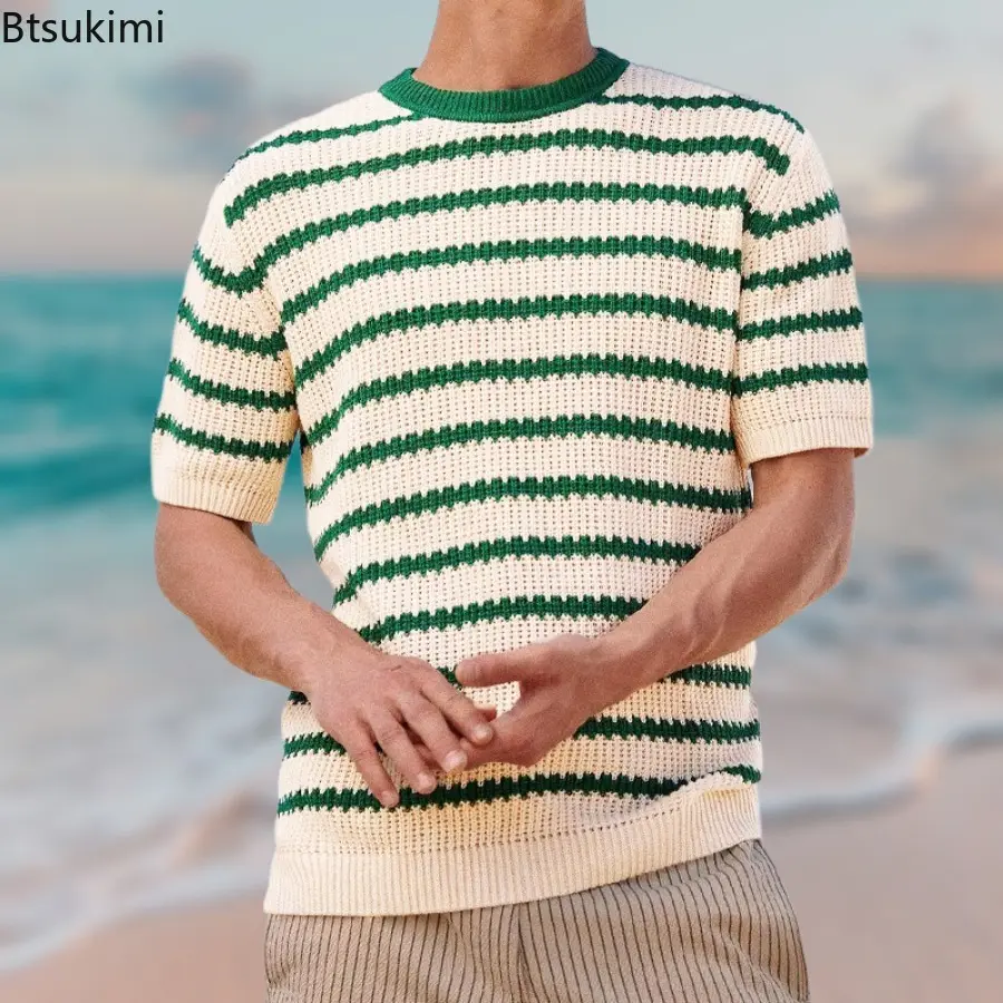 Holiday Style Men's Knitted Striped T-shirts Fashion Loose Casual Short-sleeved O-neck Pullover Tops Men Vintage Colorblock Tees