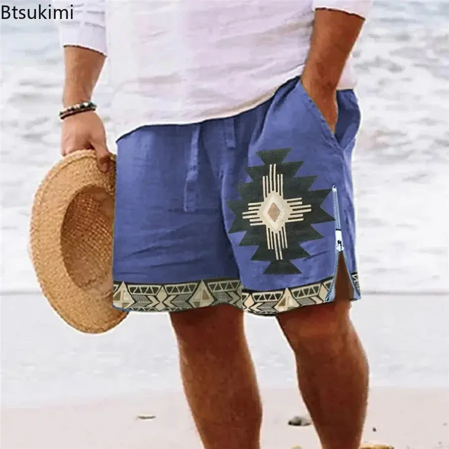New 2025 Men's Vintage Graphic Casual Shorts Fashion Side Zip 100% Cotton Summer Loose Beach Short Pants Men Print Sport Shorts