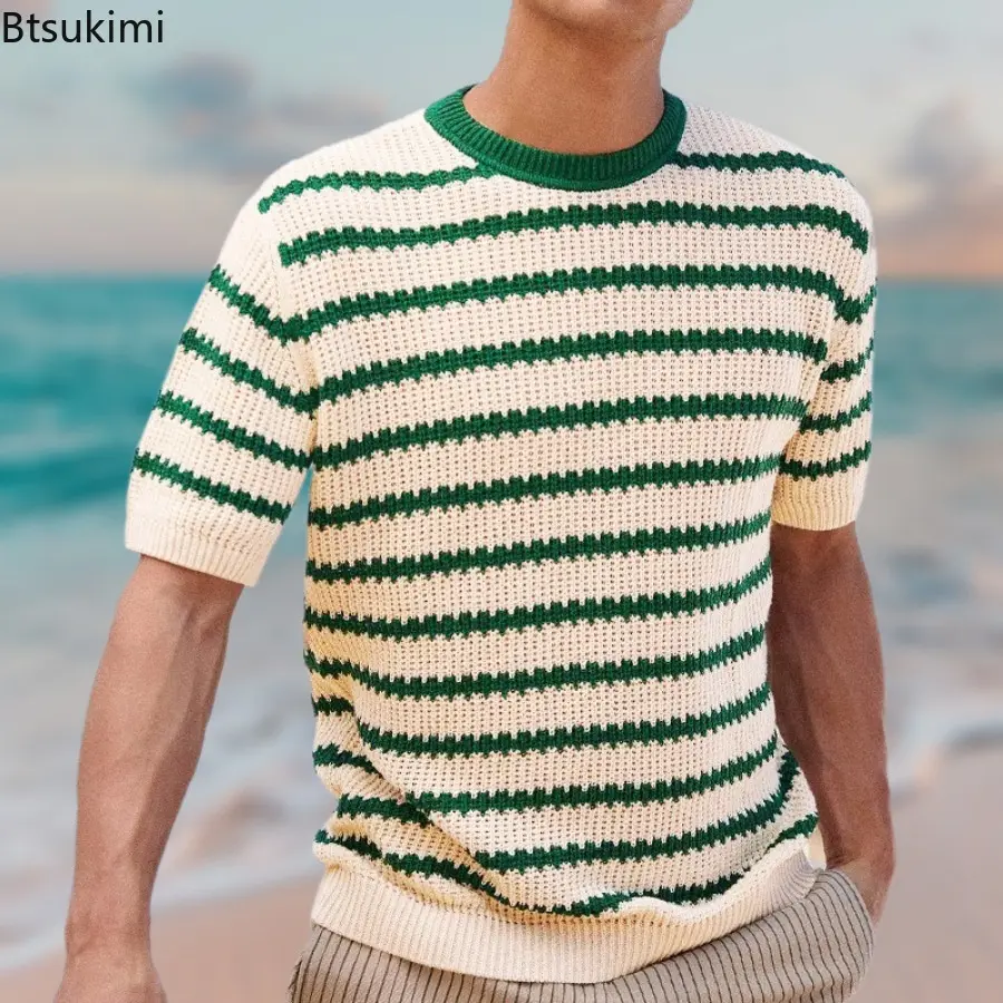 Holiday Style Men's Knitted Striped T-shirts Fashion Loose Casual Short-sleeved O-neck Pullover Tops Men Vintage Colorblock Tees