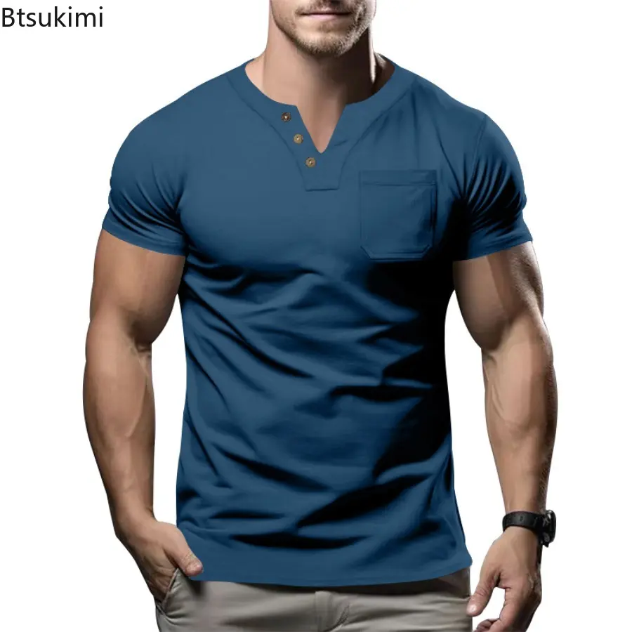 2025 Men's Clothing Summer New Short-sleeved T-shirts Fashion V-neck Solid Slim Casual Versatile Tops Simple Daily Tees for Men