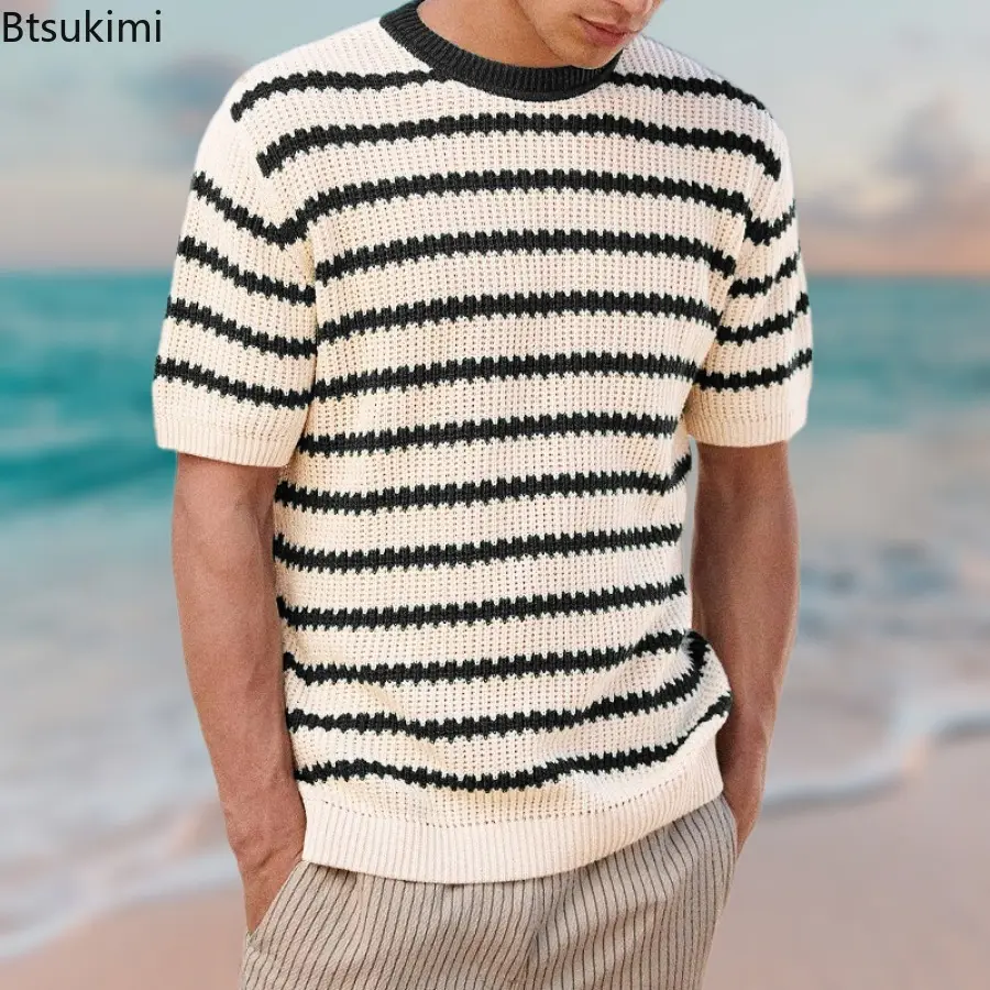 Holiday Style Men's Knitted Striped T-shirts Fashion Loose Casual Short-sleeved O-neck Pullover Tops Men Vintage Colorblock Tees
