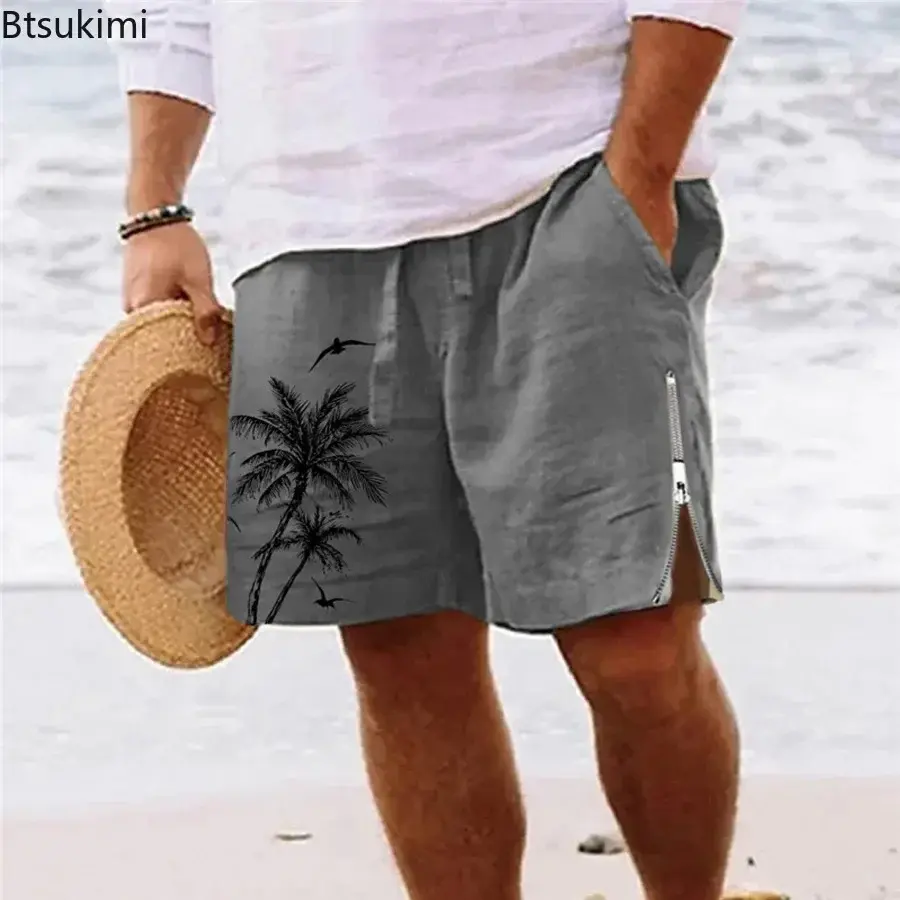 New 2025 Men's Vintage Graphic Casual Shorts Fashion Side Zip 100% Cotton Summer Loose Beach Short Pants Men Print Sport Shorts