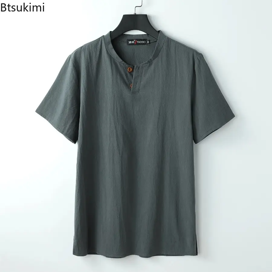 Large Size Men's Clothing Summer Fashion Solid Short-sleeved Cotton Linen T-shirts Breathable Loose Casual Simple Tops Male Tees