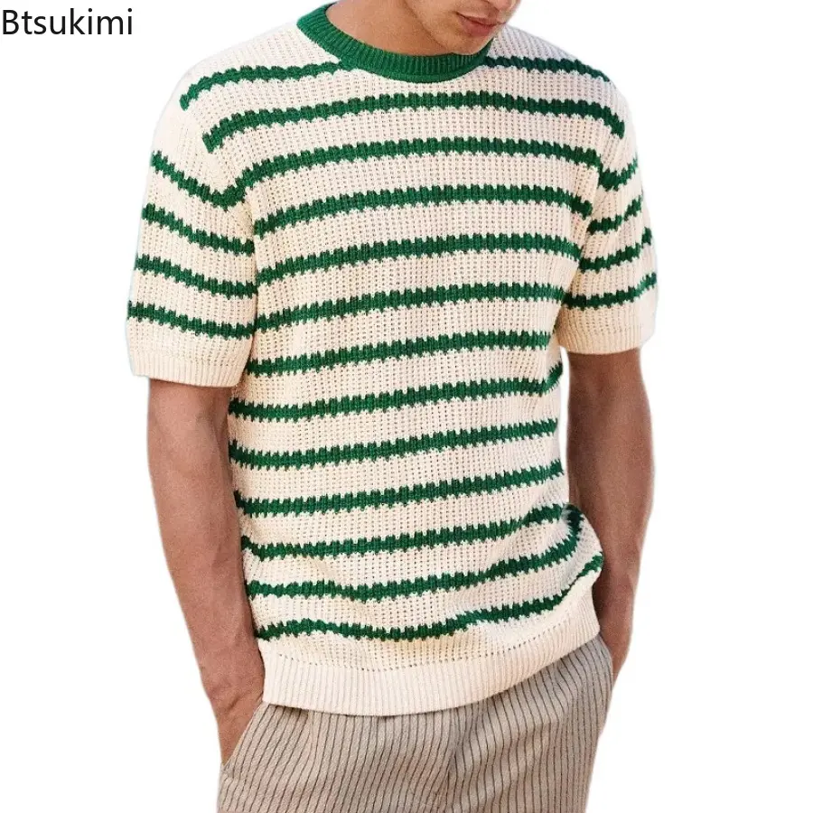 Holiday Style Men's Knitted Striped T-shirts Fashion Loose Casual Short-sleeved O-neck Pullover Tops Men Vintage Colorblock Tees