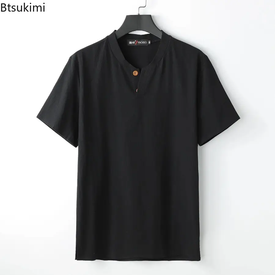 Large Size Men's Clothing Summer Fashion Solid Short-sleeved Cotton Linen T-shirts Breathable Loose Casual Simple Tops Male Tees