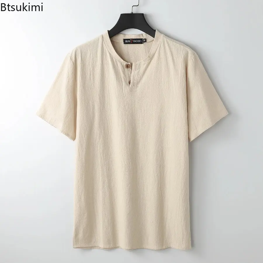 Large Size Men's Clothing Summer Fashion Solid Short-sleeved Cotton Linen T-shirts Breathable Loose Casual Simple Tops Male Tees