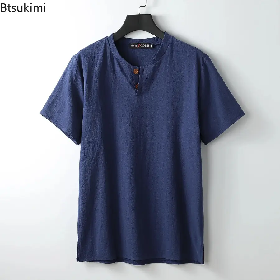 Large Size Men's Clothing Summer Fashion Solid Short-sleeved Cotton Linen T-shirts Breathable Loose Casual Simple Tops Male Tees