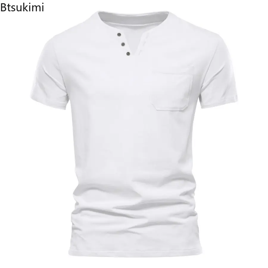 2025 Men's Clothing Summer New Short-sleeved T-shirts Fashion V-neck Solid Slim Casual Versatile Tops Simple Daily Tees for Men