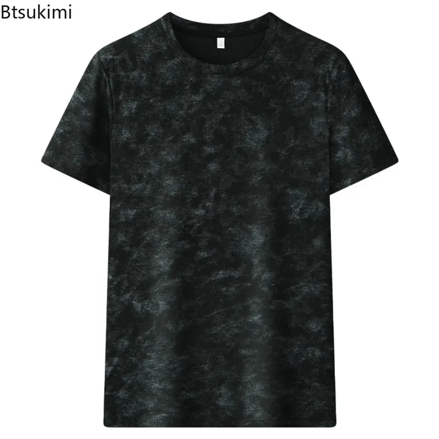 2025Men's Summer Top Ice Silk Mosquito Proof Round Neck Skin Friendly Short Sleeved Casual T-shirt Solid Color Floral Base Shirt