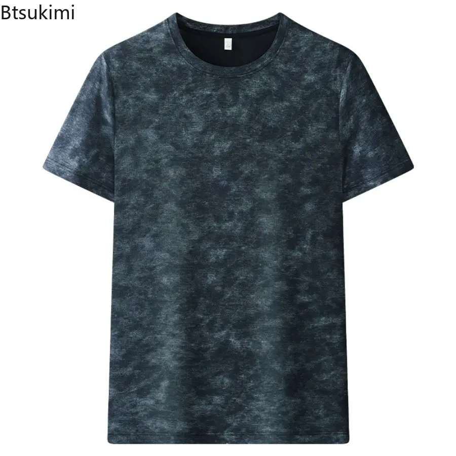2025Men's Summer Top Ice Silk Mosquito Proof Round Neck Skin Friendly Short Sleeved Casual T-shirt Solid Color Floral Base Shirt