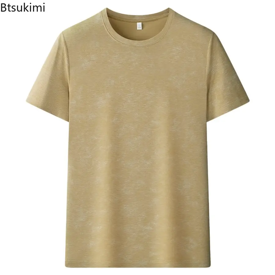 2025Men's Summer Top Ice Silk Mosquito Proof Round Neck Skin Friendly Short Sleeved Casual T-shirt Solid Color Floral Base Shirt