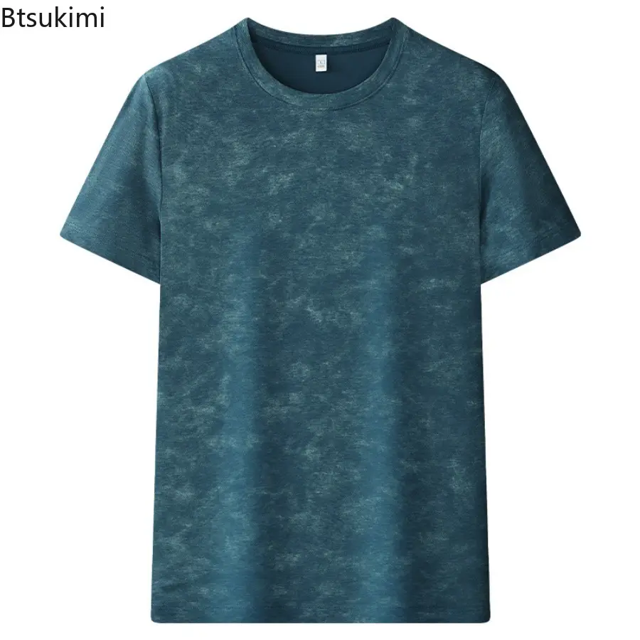 2025Men's Summer Top Ice Silk Mosquito Proof Round Neck Skin Friendly Short Sleeved Casual T-shirt Solid Color Floral Base Shirt