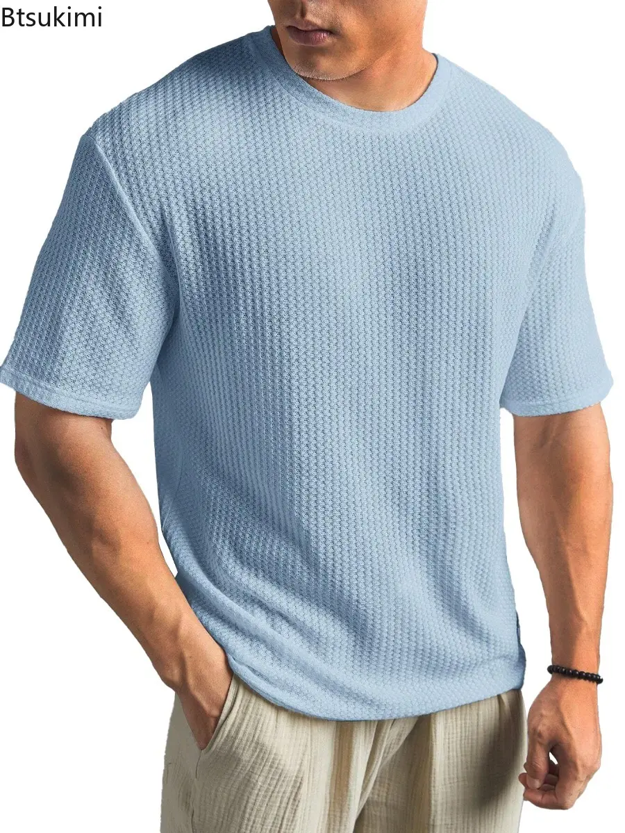 2025 Solid Color Waffle T-shirts Men's Summer Casual Short-sleeved New Tops Male Fashion New Style Knitted Round Neck T-shirt