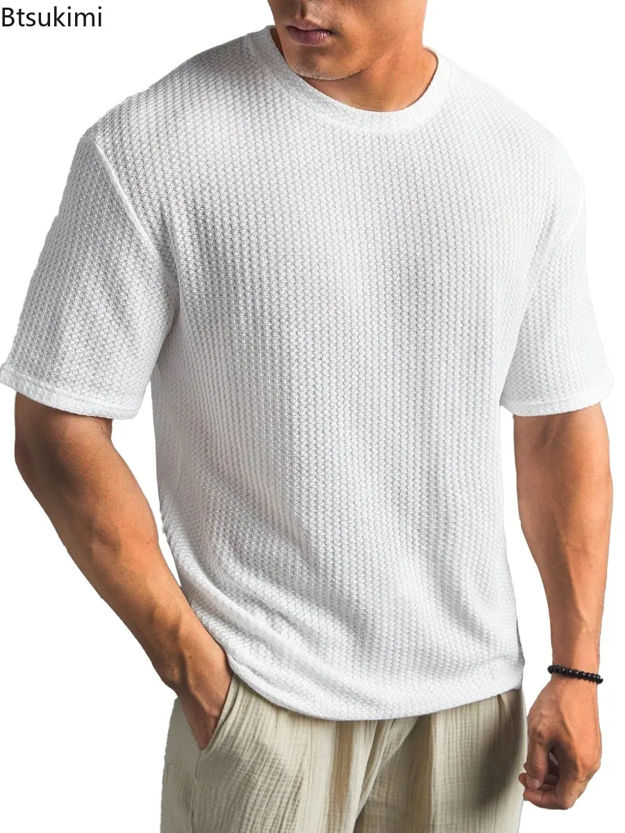 2025 Solid Color Waffle T-shirts Men's Summer Casual Short-sleeved New Tops Male Fashion New Style Knitted Round Neck T-shirt