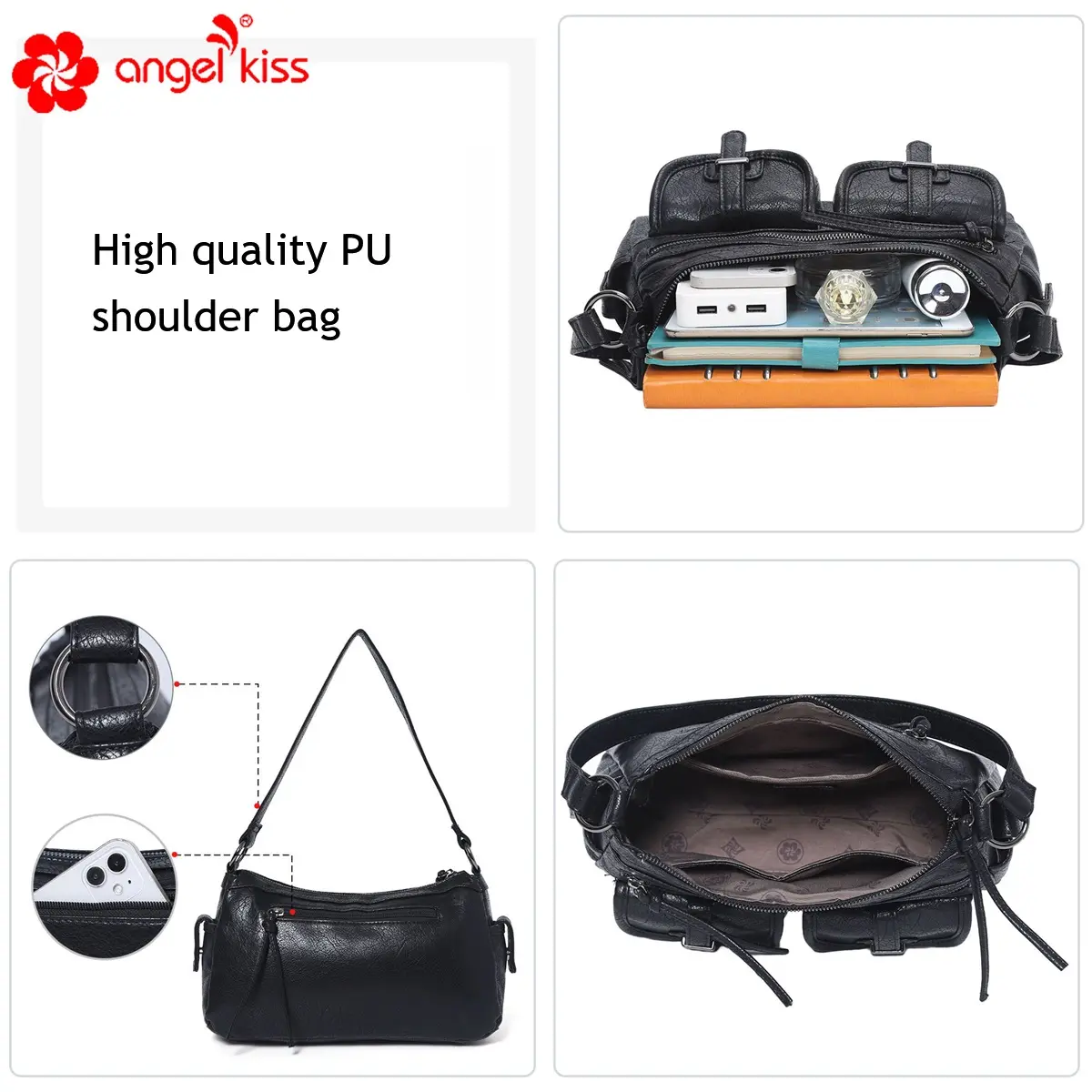  Women's Handbag Leopard Shoulder Bag Fashion Top-handle Vintage Black Dinner Bag Multi-pockets Flap Bag Purse