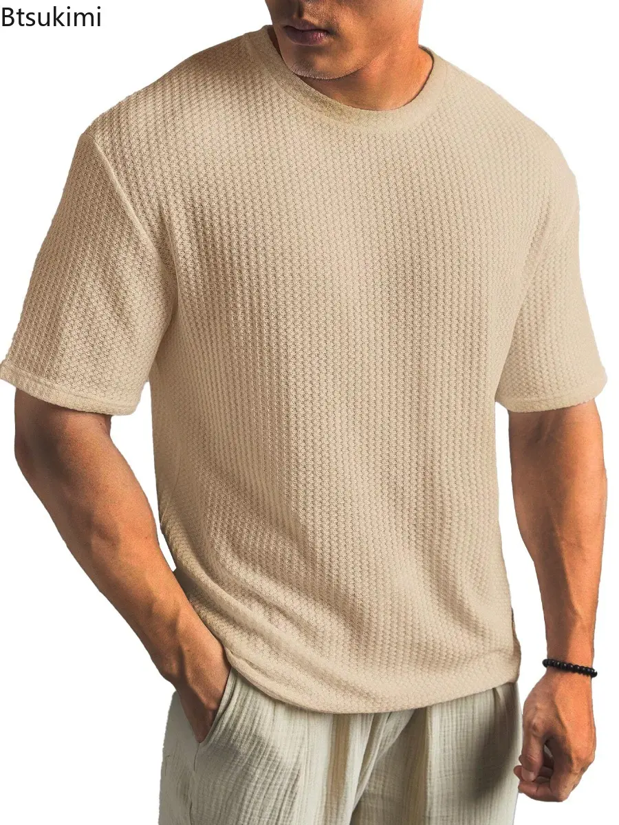 2025 Solid Color Waffle T-shirts Men's Summer Casual Short-sleeved New Tops Male Fashion New Style Knitted Round Neck T-shirt