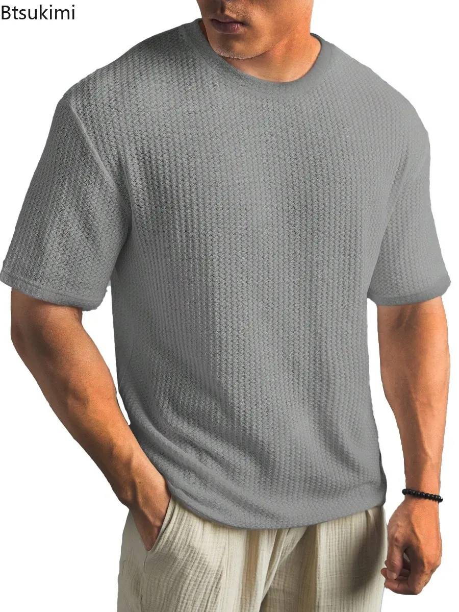 2025 Solid Color Waffle T-shirts Men's Summer Casual Short-sleeved New Tops Male Fashion New Style Knitted Round Neck T-shirt