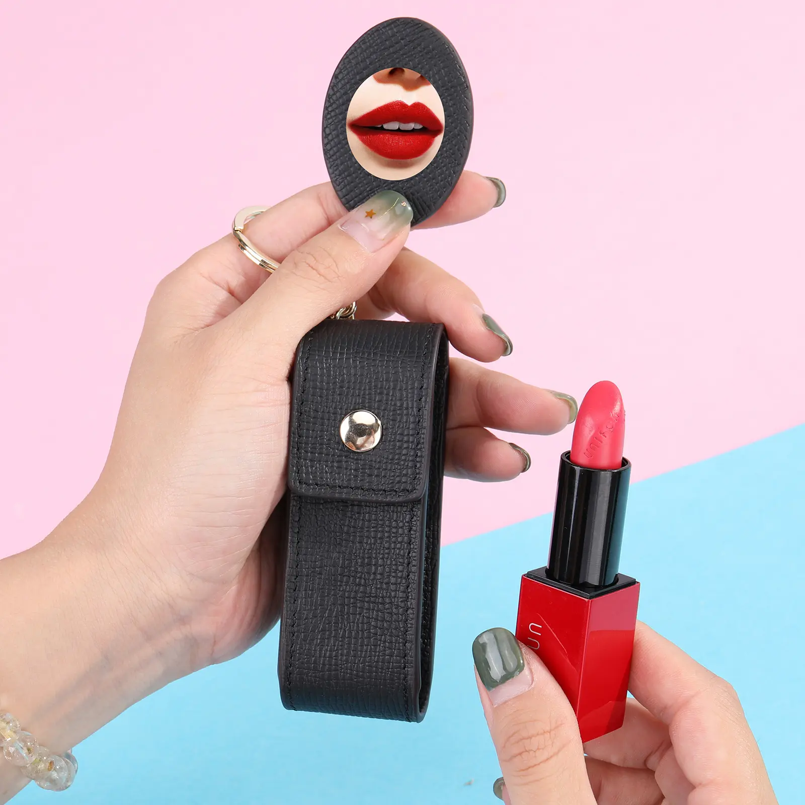 MVA Lipstick Bag Makeup Lipstick Storage Bag With Mirror New Fashion Leather Compact Lipstick Pouch Protective Case