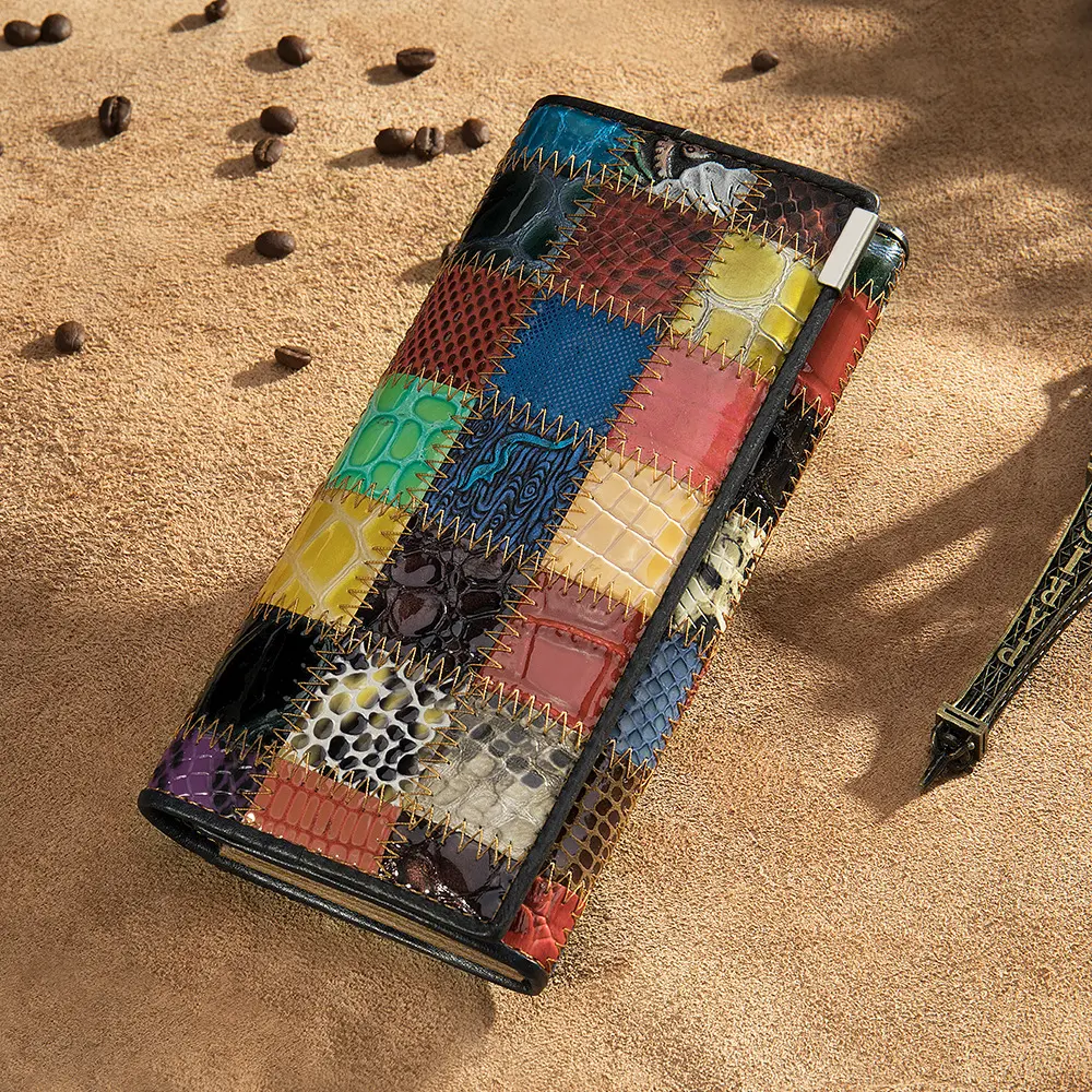 Women Long Purse Vintage Credit Card Bag Multislots Genuine Leather Wallet Male Long Mobile Phone Bag Color Stitching Coin Purse