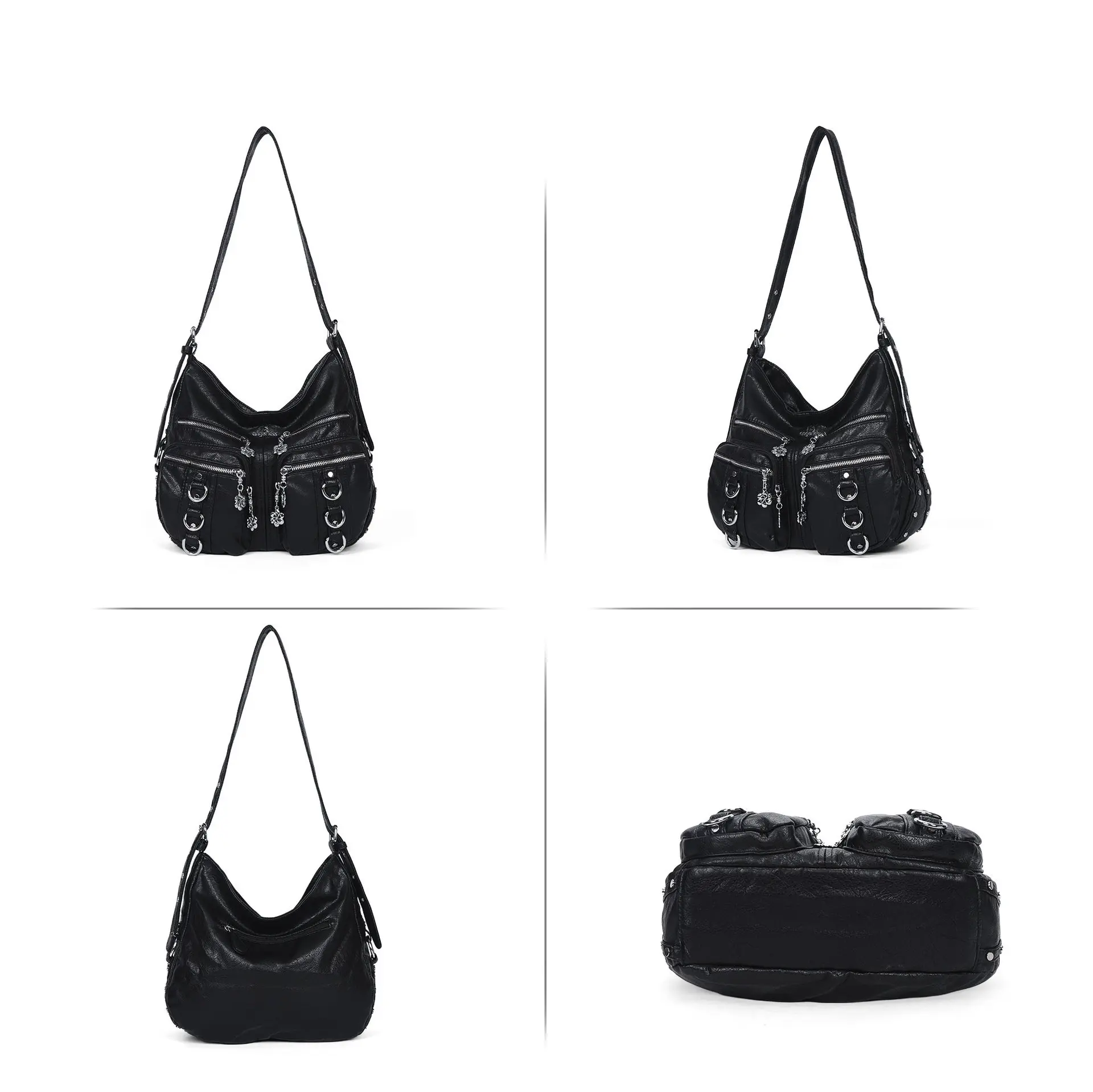  Women's Bag PU Shoulder Bag Soft Fashion Handbag Large Vintage Black Dyeing Dumpling Pack Multi-pockets Crossbody Bag