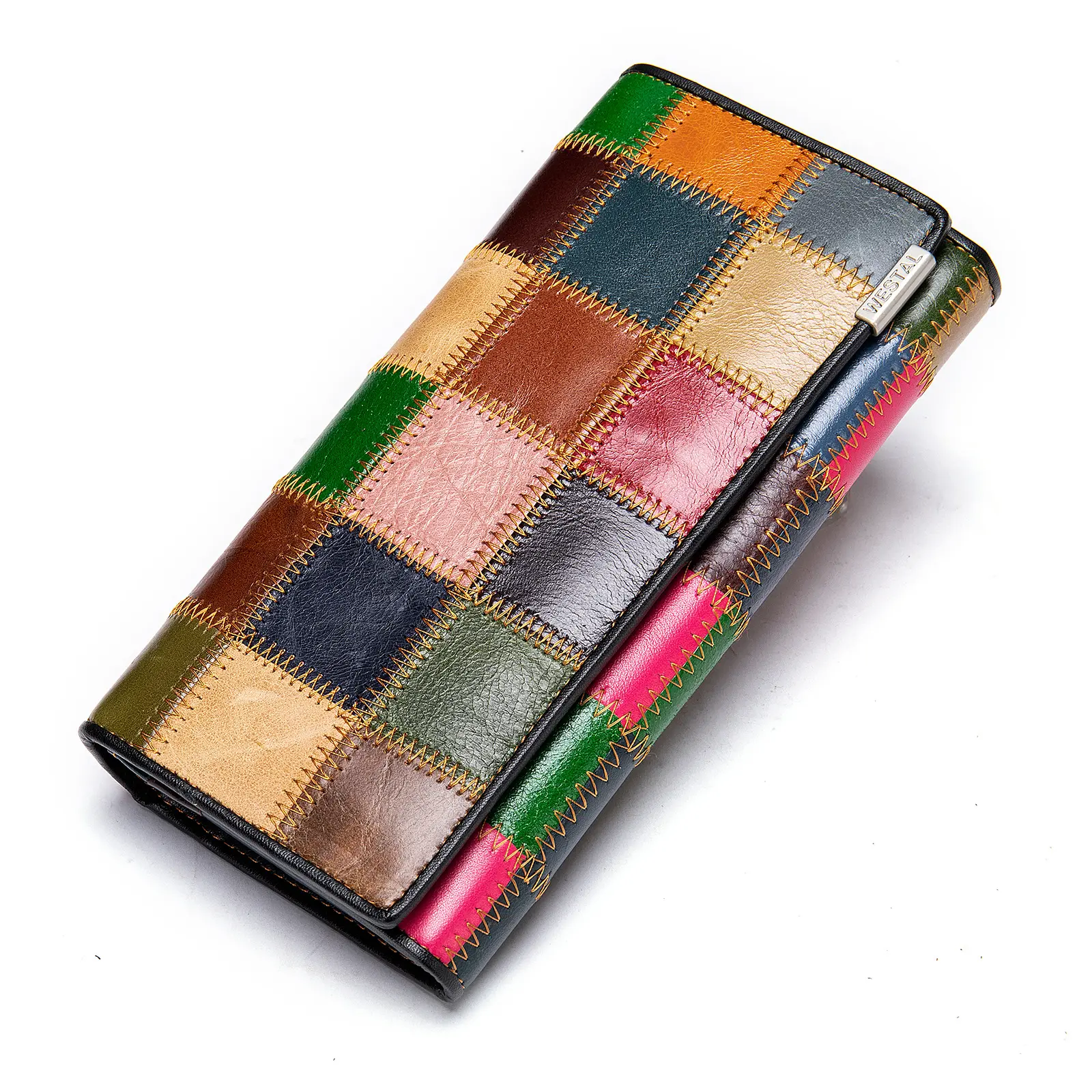 Women Long Purse Vintage Credit Card Bag Multislots Genuine Leather Wallet Male Long Mobile Phone Bag Color Stitching Coin Purse