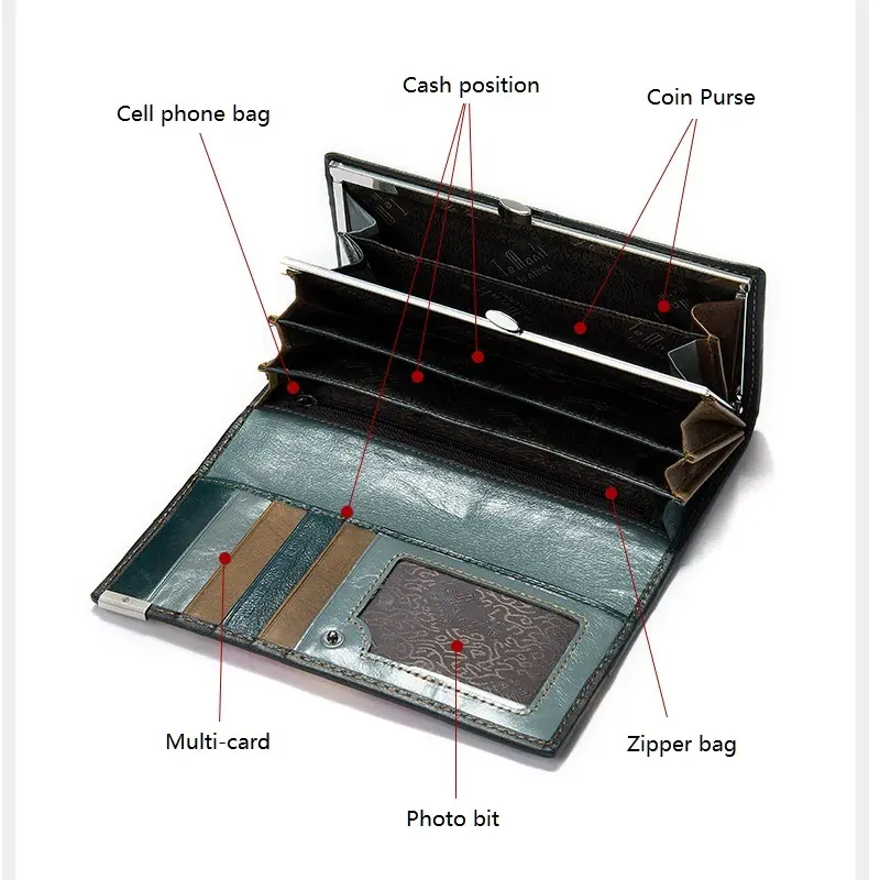 Women Long Purse Vintage Credit Card Bag Multislots Genuine Leather Wallet Male Long Mobile Phone Bag Color Stitching Coin Purse