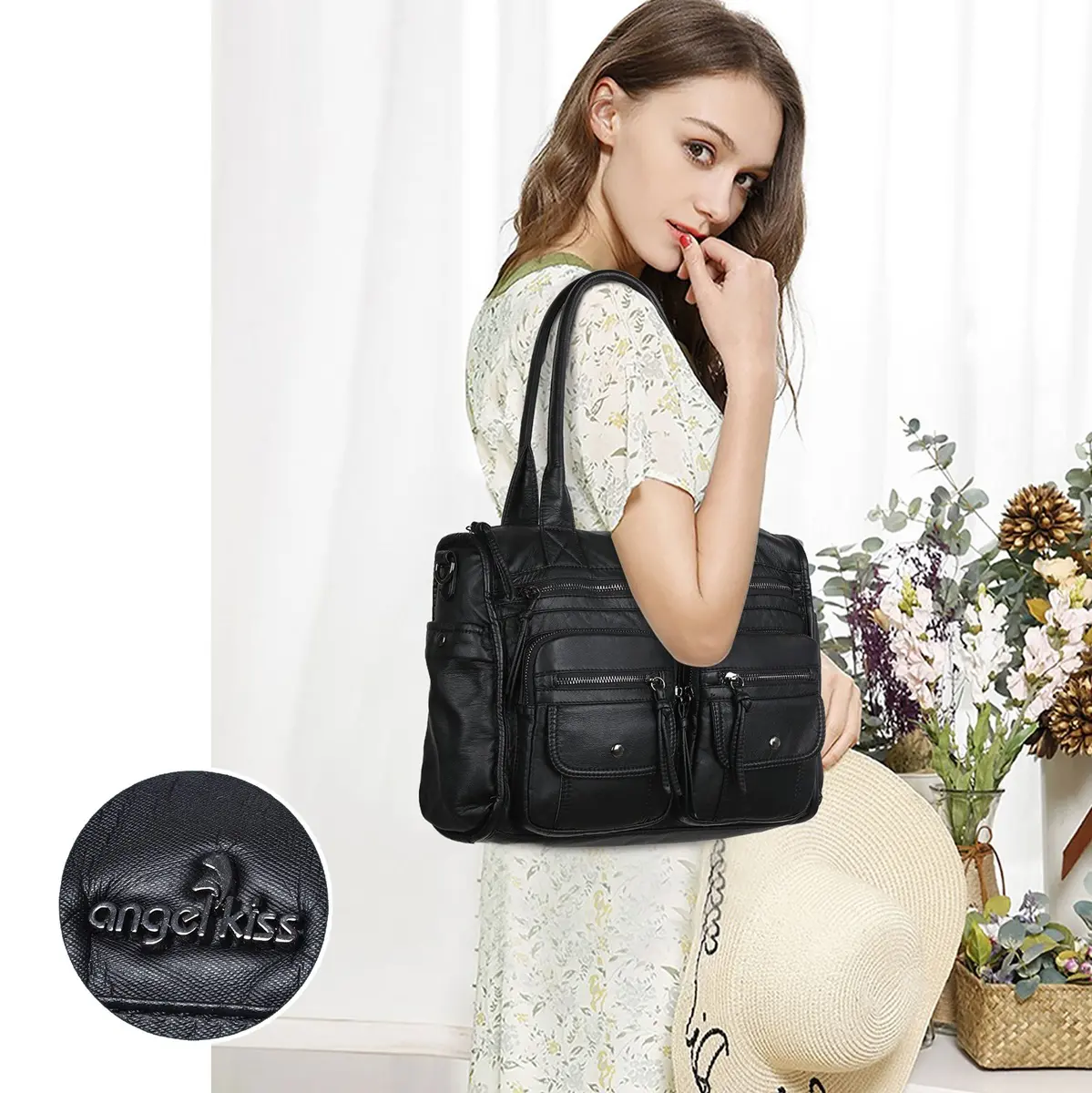  Women Handbags Multi-pockets Bag PU Satchel Fashion Large Vintage Shoulder Bag Tote Bag Tote Shoulder Purse