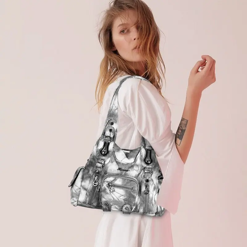  Women's Bag Fashion Hobo Handbag Tie-Dye Top-handle Bag Large Tote Pleated Satchel PU Shoulder Bag Front Pockets Bag
