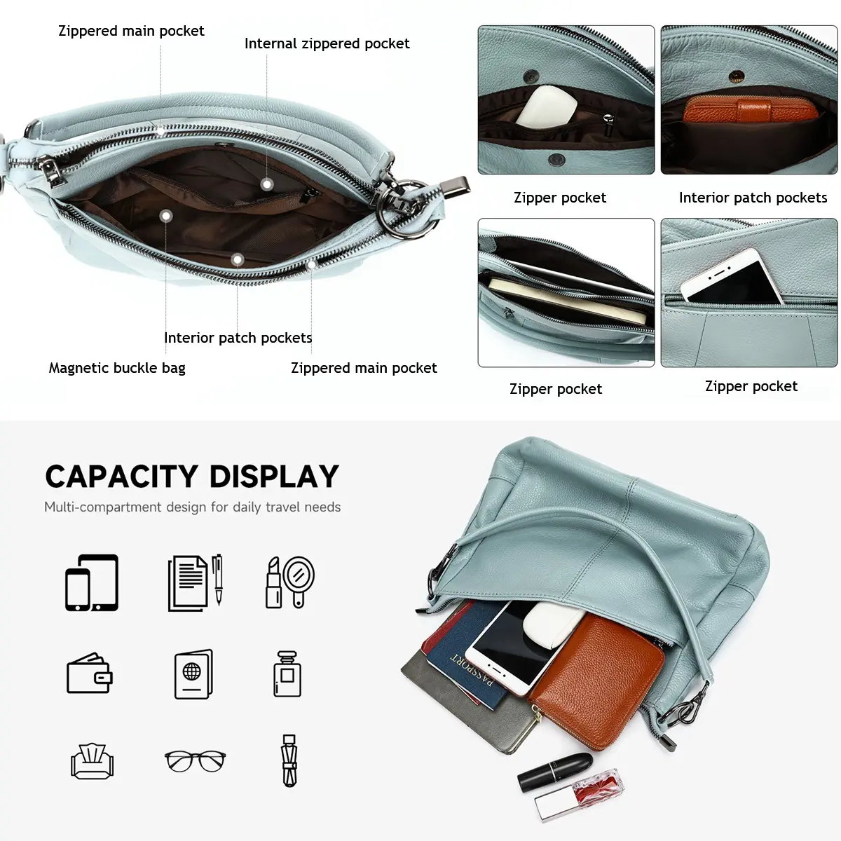 Women's Shoulder Bag Fashion Leather Shoulder Bag Black Leisure Genuine Leather bag Casual Large Capacity Crossbody Bag Wallet