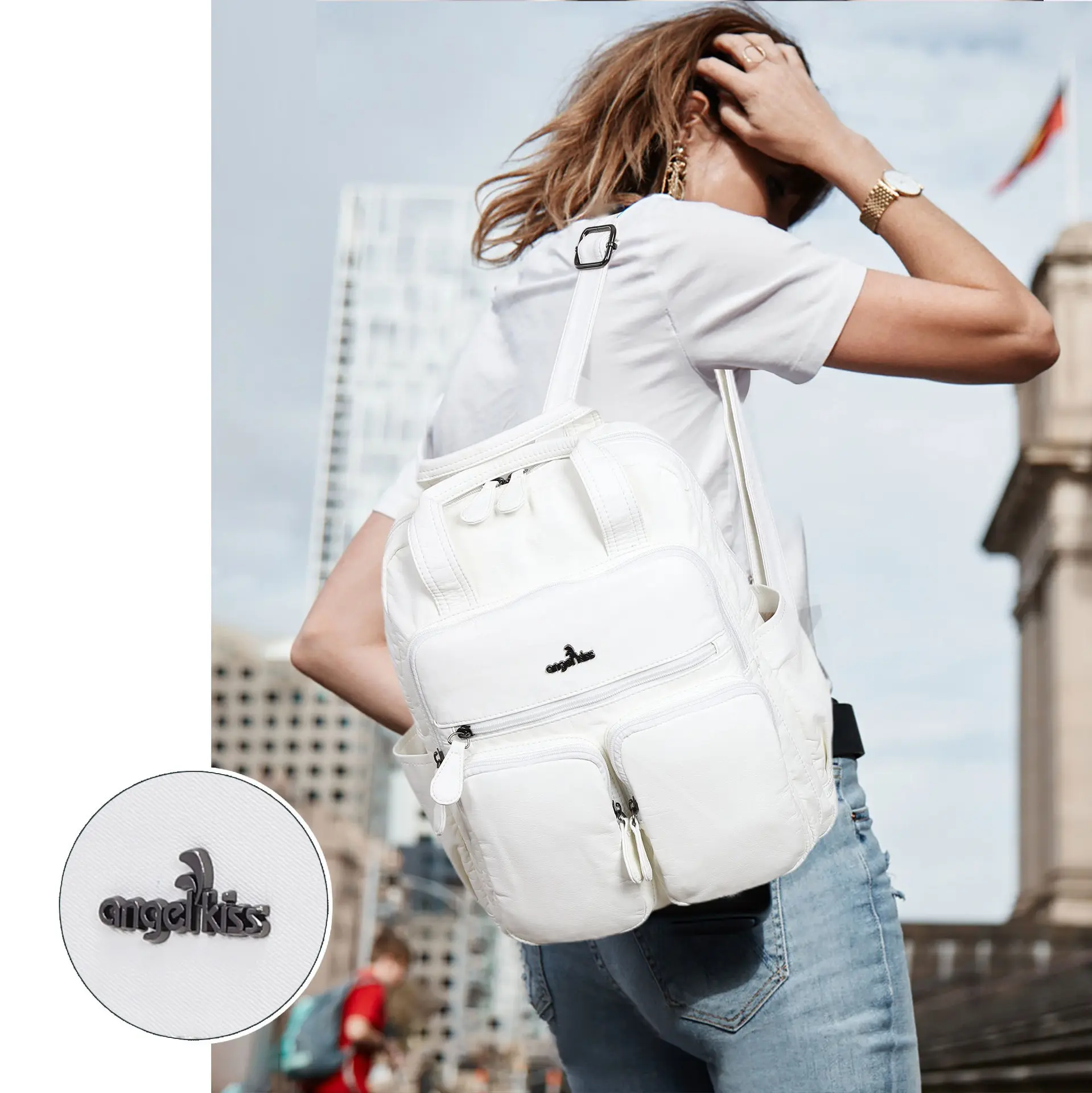  Backpack Women's School Bag Large Backpack Solid Color Student Multi-pocket Fashion Travel Large School Backpack