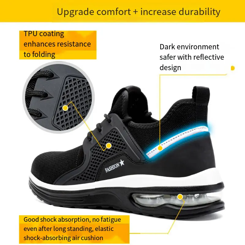 Air Cushion Sole Protect Safty Shoes Men Steel Toe Anti-smashing Puncture Anti Slip Abrasion Resistant Breathable Work Shose