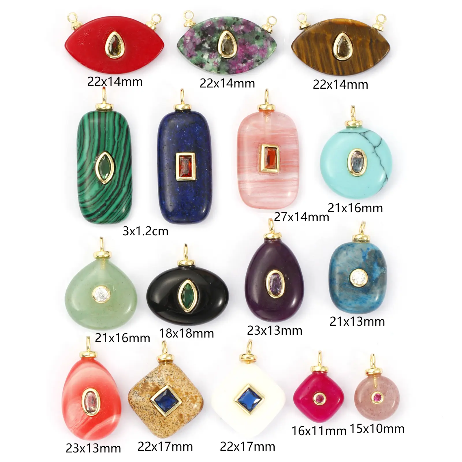 1 Piece Brass Charms Natural stone 18K Gold Plated Geometric Cubic Zirconia Round Rhombus Shape Pendant DIY Necklace Making