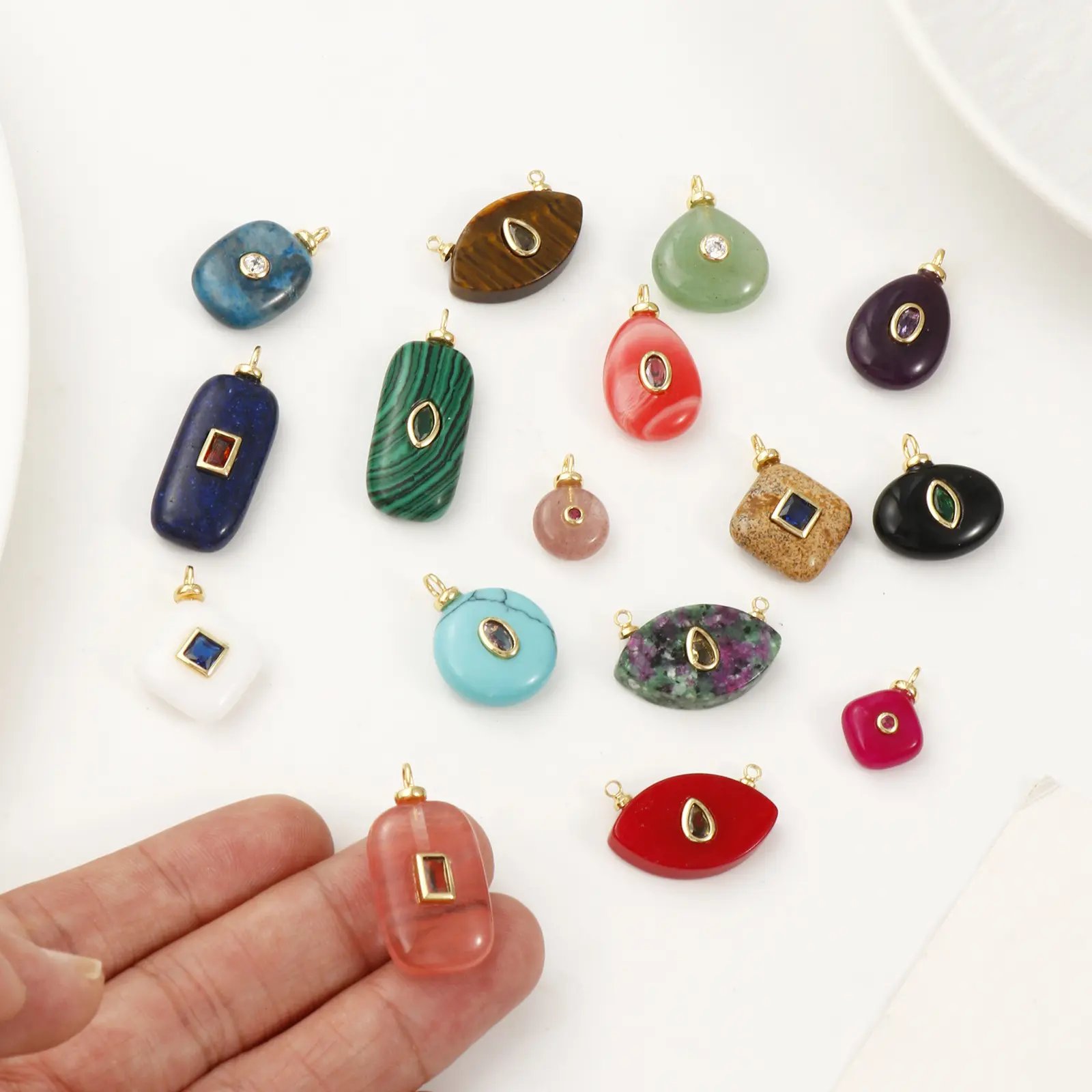1 Piece Brass Charms Natural stone 18K Gold Plated Geometric Cubic Zirconia Round Rhombus Shape Pendant DIY Necklace Making