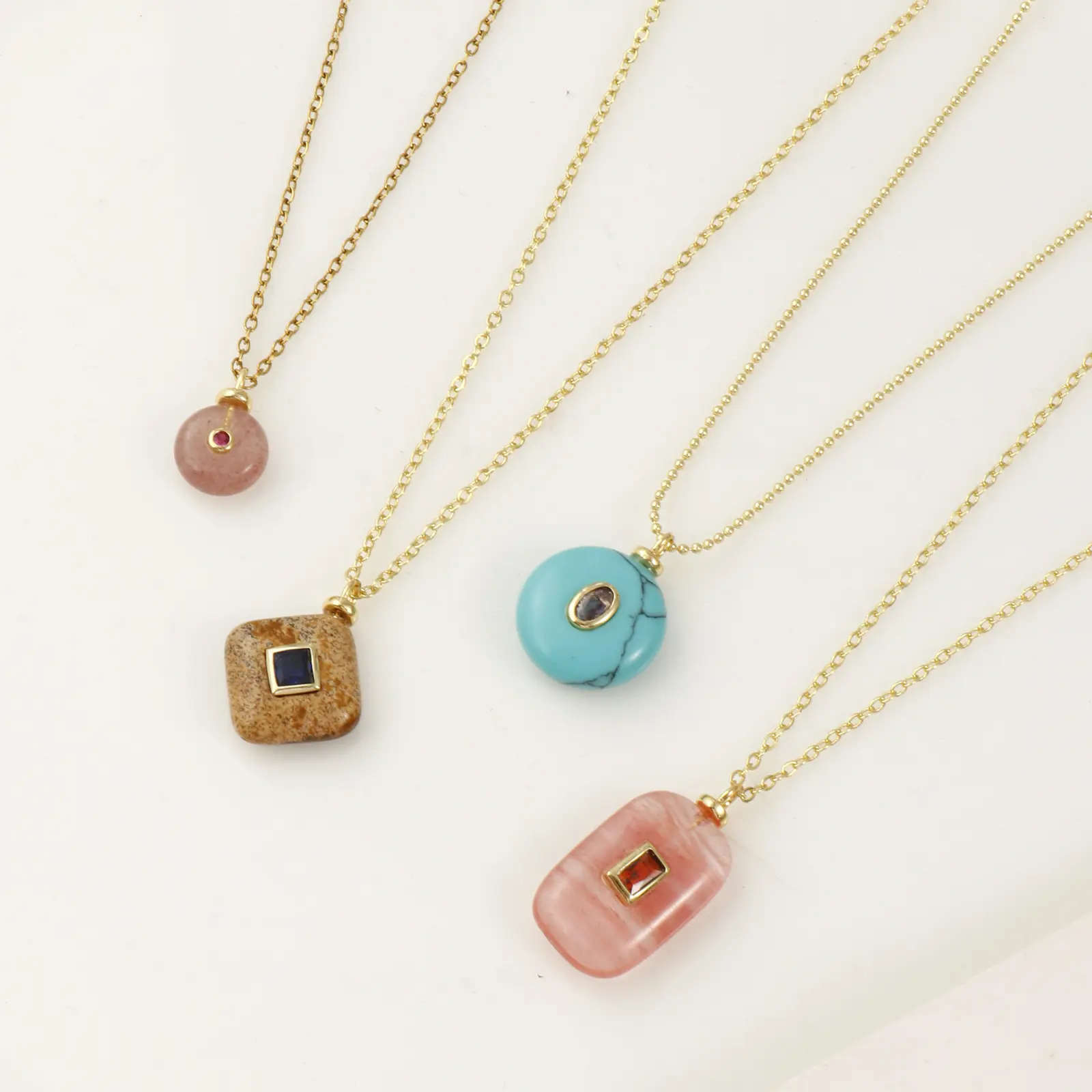 1 Piece Brass Charms Natural stone 18K Gold Plated Geometric Cubic Zirconia Round Rhombus Shape Pendant DIY Necklace Making