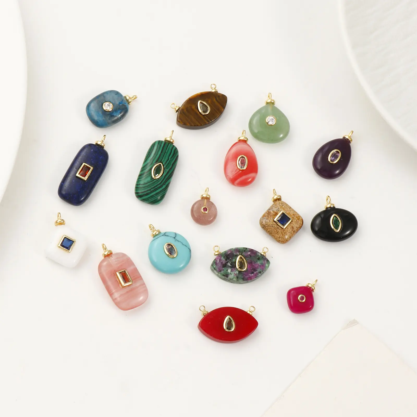 1 Piece Brass Charms Natural stone 18K Gold Plated Geometric Cubic Zirconia Round Rhombus Shape Pendant DIY Necklace Making