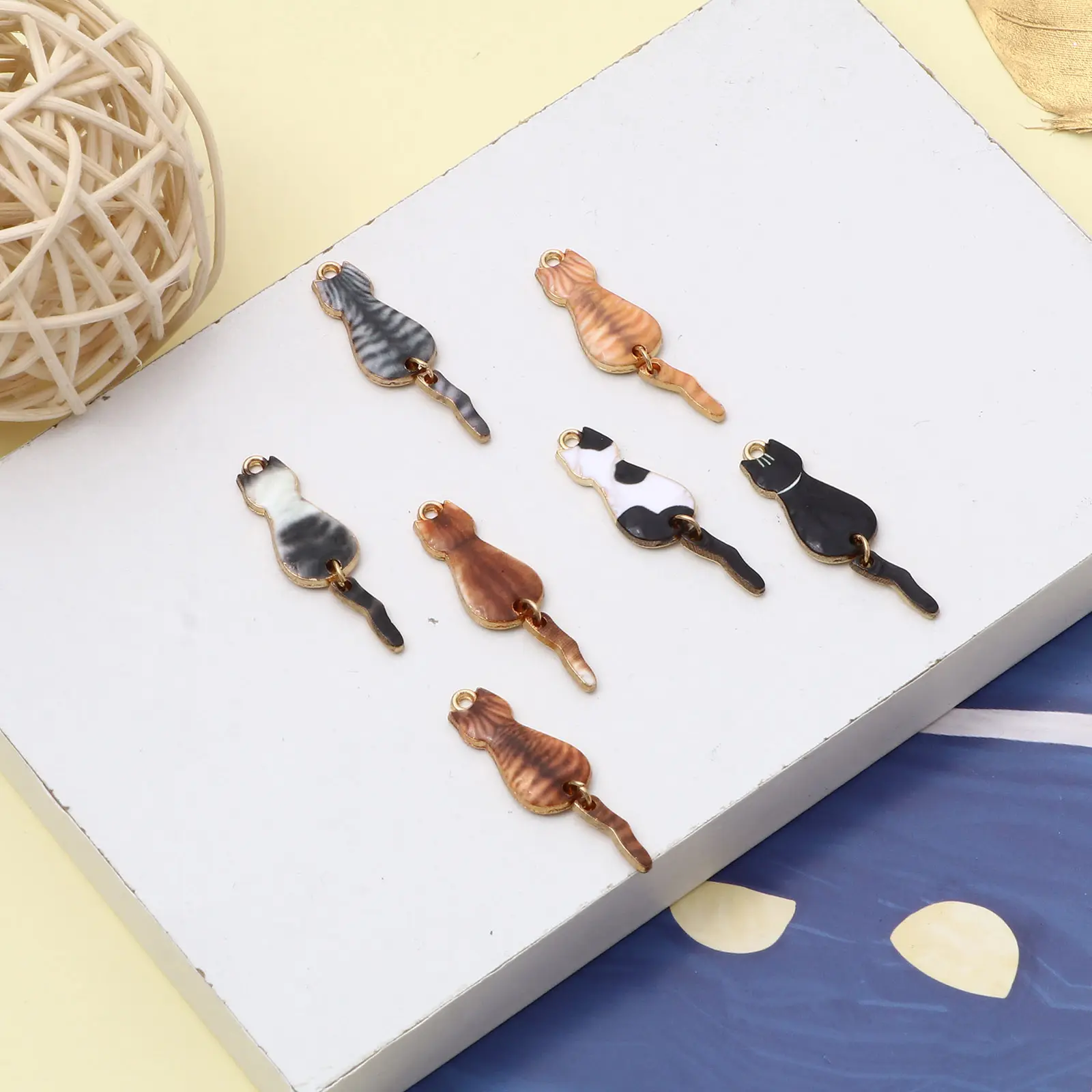10PCs Cute Cat Enamel Gold Color Metal Charms Animal Pendants Multicolor DIY Making Necklace Earrings Jewelry Findings 3.5cmx1cm