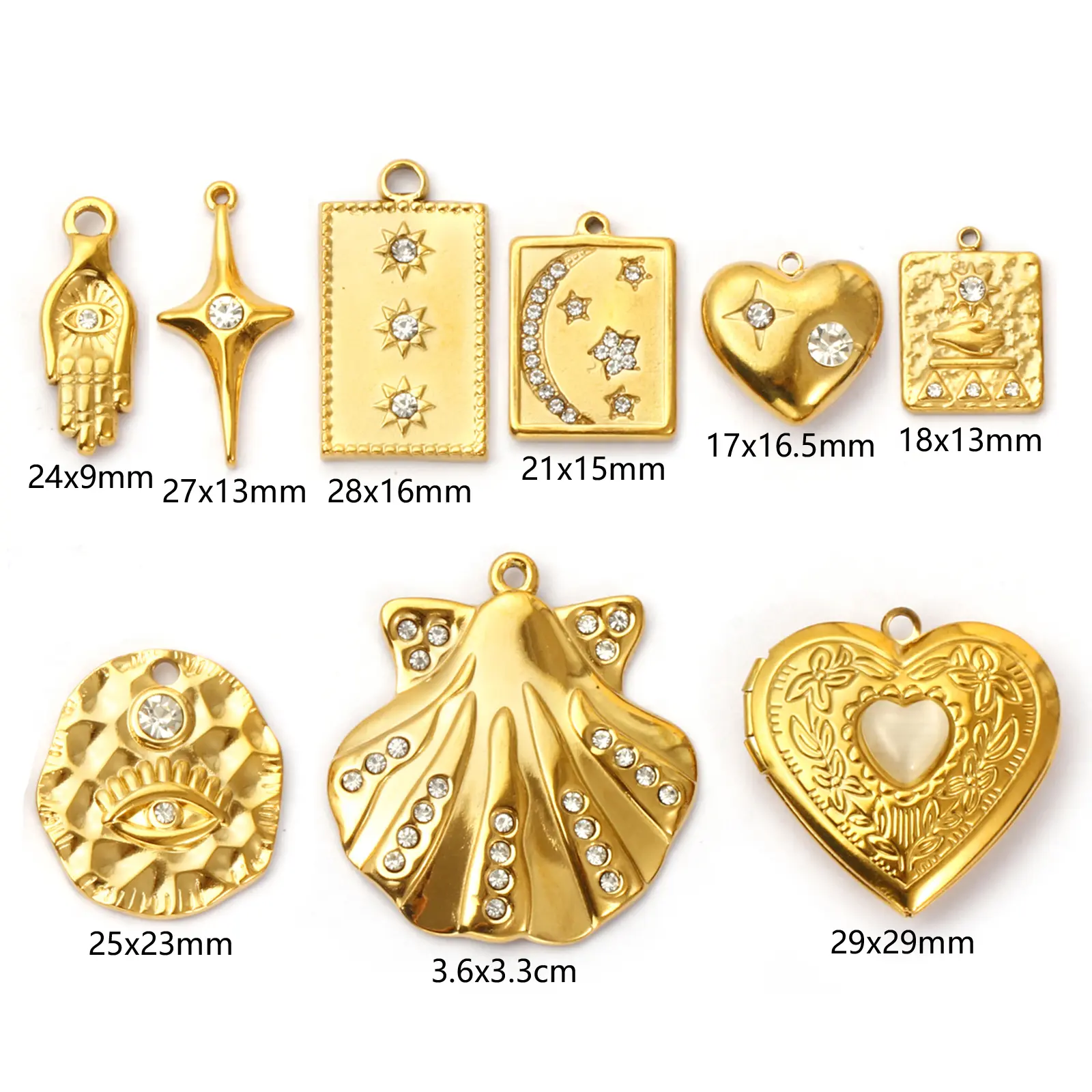 2 PCs 304 Stainless Steel Charms 18K Gold Plated Star Rectangle Moon Sun Heart Shell Pendant For DIY Necklace Jewelry Making