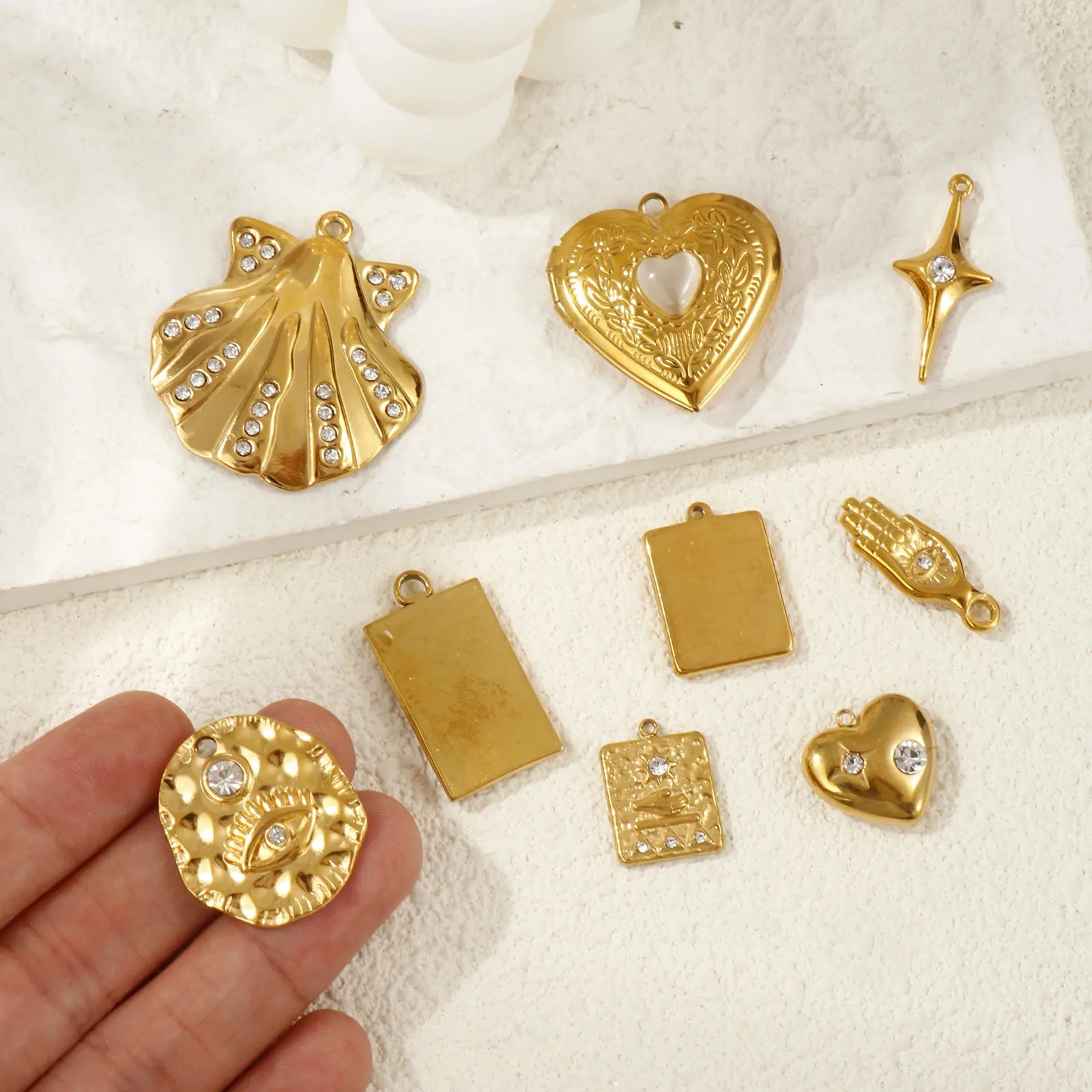 2 PCs 304 Stainless Steel Charms 18K Gold Plated Star Rectangle Moon Sun Heart Shell Pendant For DIY Necklace Jewelry Making