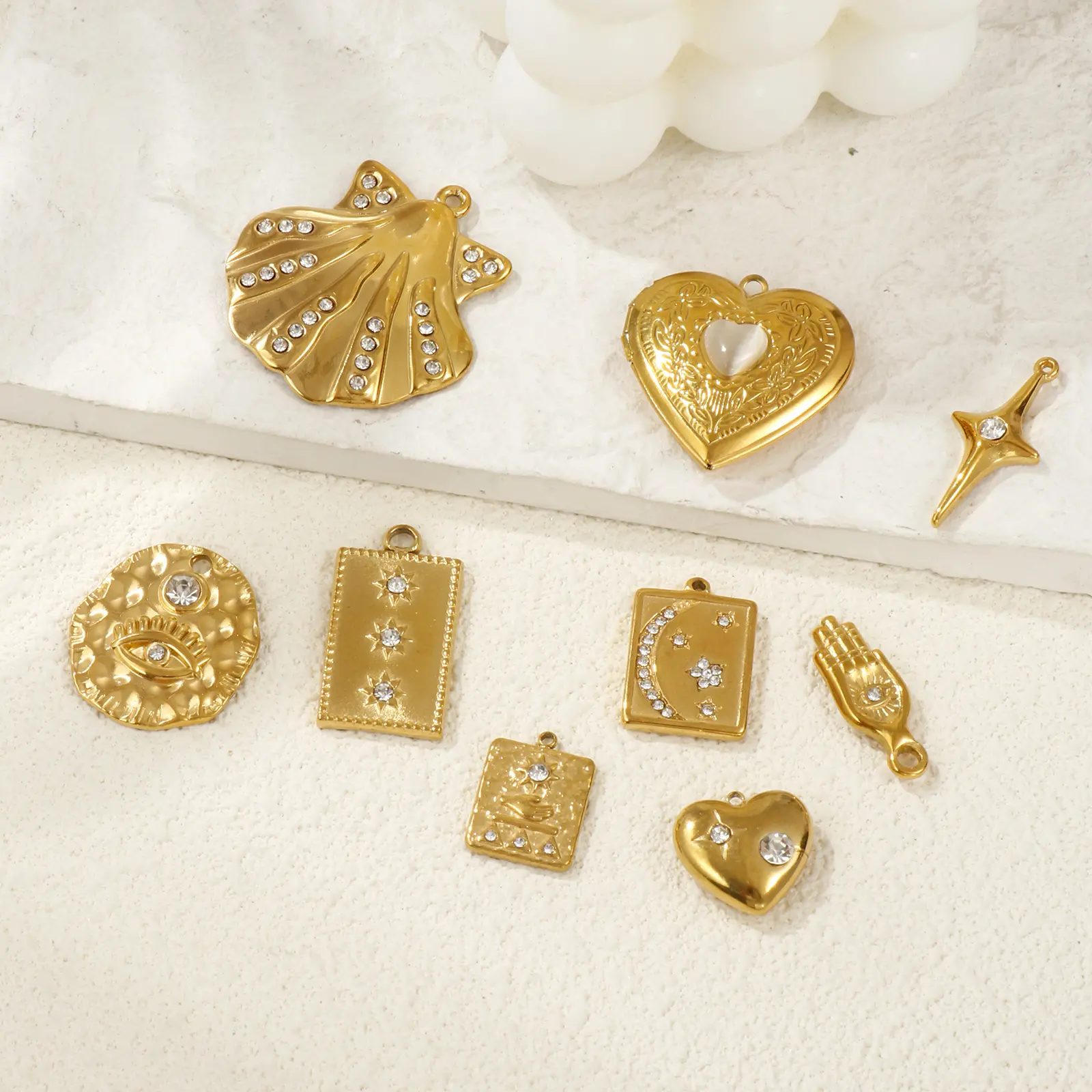 2 PCs 304 Stainless Steel Charms 18K Gold Plated Star Rectangle Moon Sun Heart Shell Pendant For DIY Necklace Jewelry Making