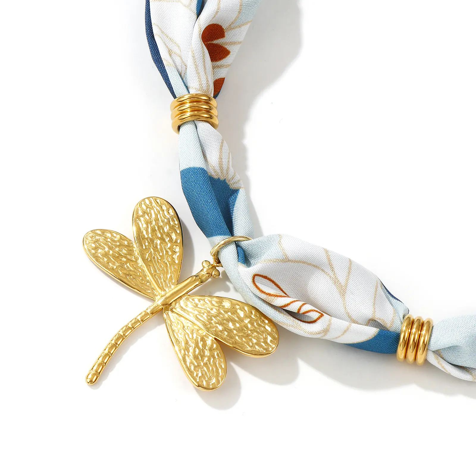 Dragonfly Pendant Charm Scarf Necklace 304 Stainless Steel & Polyester 80cm(31.5") For Women Lily Flower Ink Blue Pastoral Gift